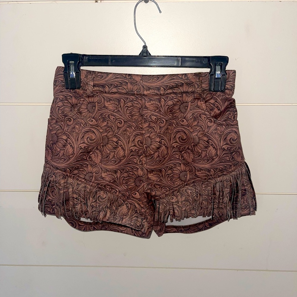 Western fringe tooled leather design shorts NEW